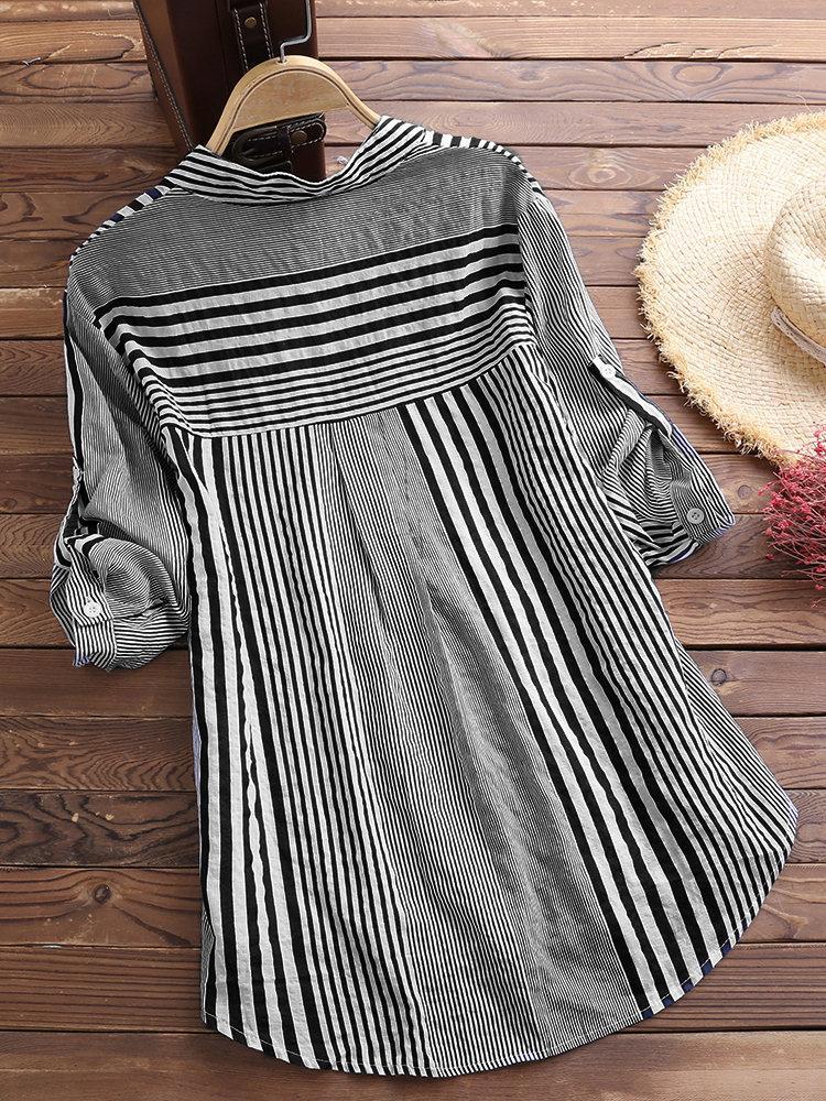 Comfysol Patchwork Stripe Print Stand Collar Irregular Casual Shirts