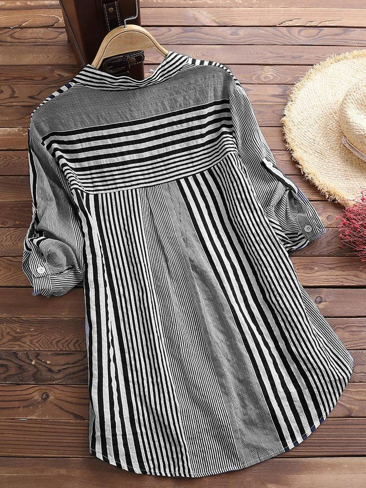 Comfysol Patchwork Stripe Print Stand Collar Irregular Casual Shirts