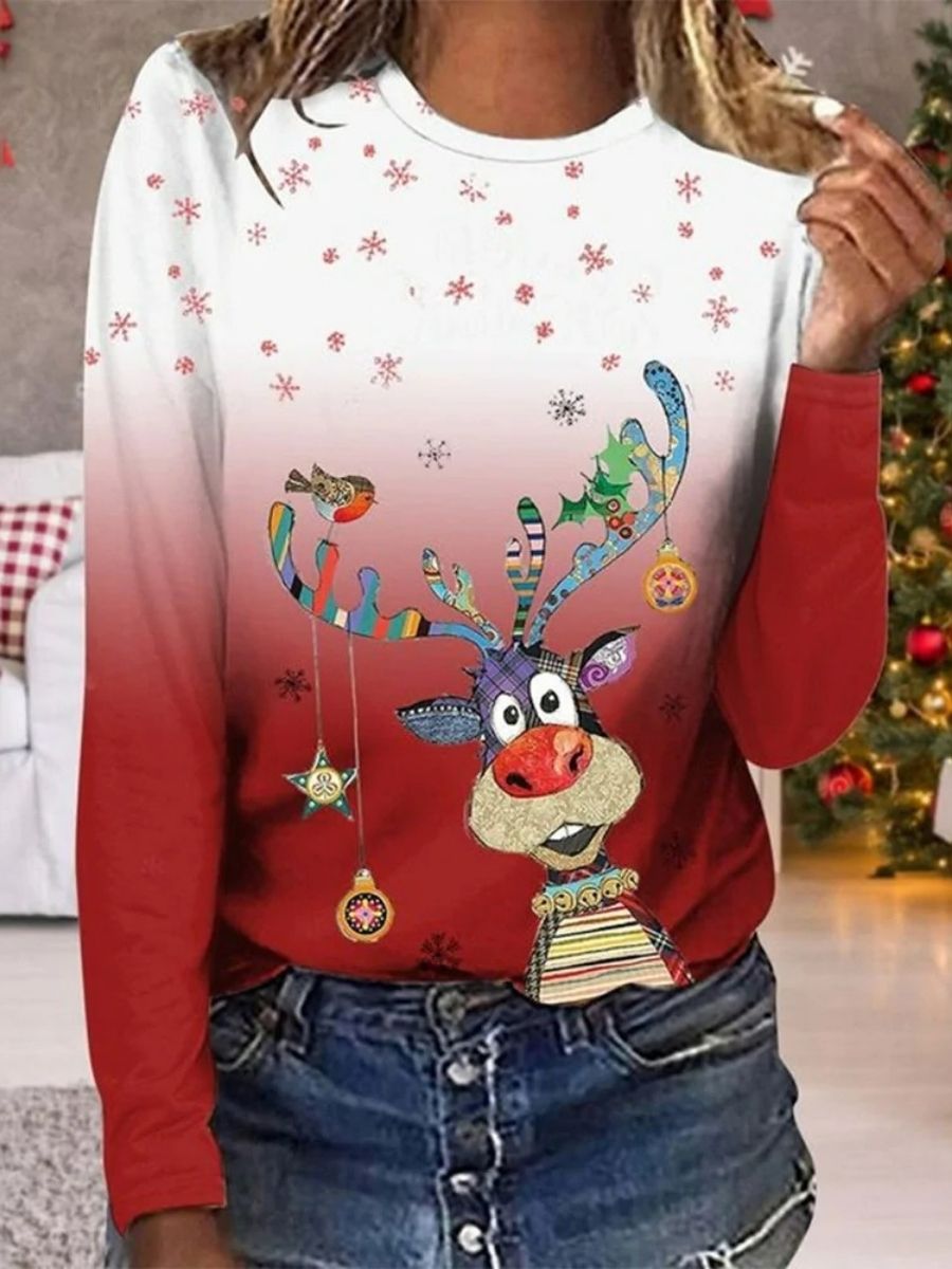 Comfysol Red Casual Graphic Tops Round Neck Snowflake Printed Long Sleeve Xmas Sweatshirts
