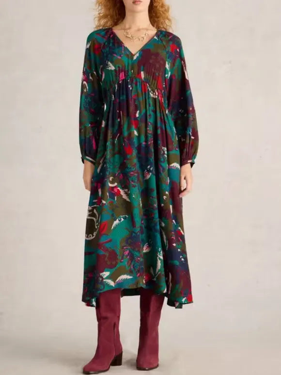 Green Print Midi Dress – Elegant Boho Vacation Dress for Women