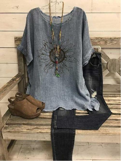 Comfysol Casual Round Neck Gray Sun Flower Printed Blouse