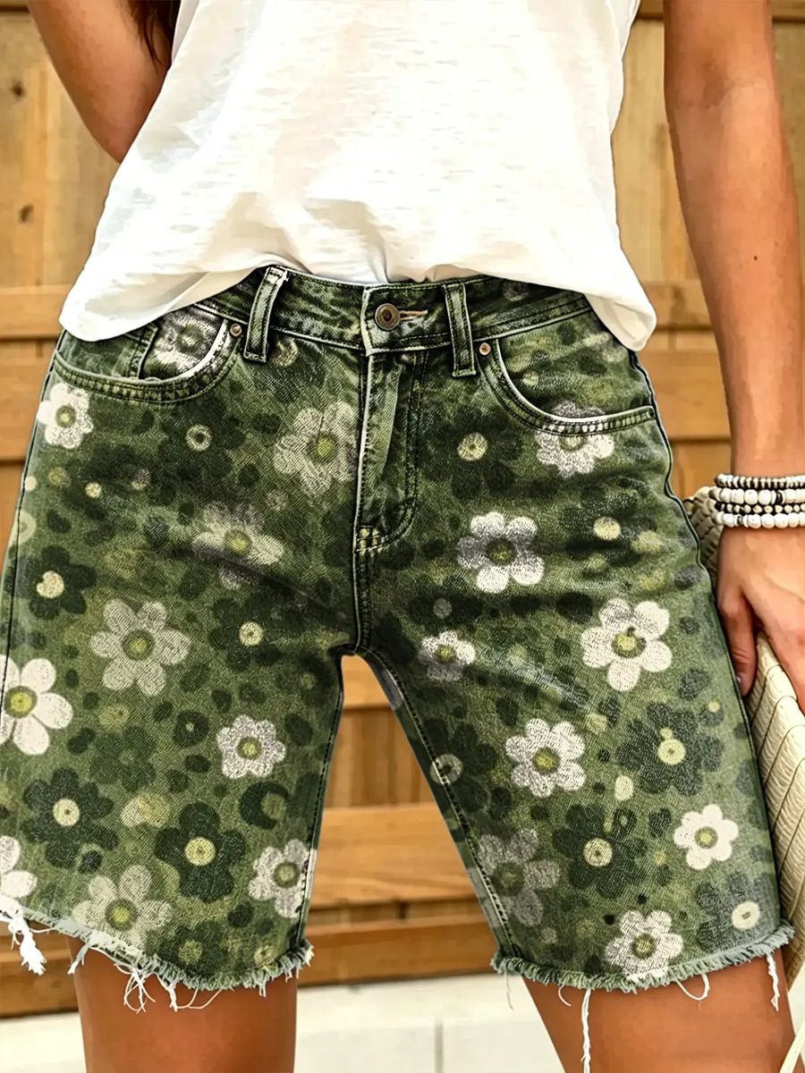 Ethnic-style floral and geometric pattern women's art print casual denim shorts