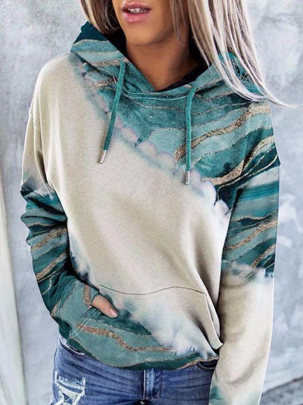 Comfysol Blue Casual Tops Long Sleeve Patchwork Printed Hoodies
