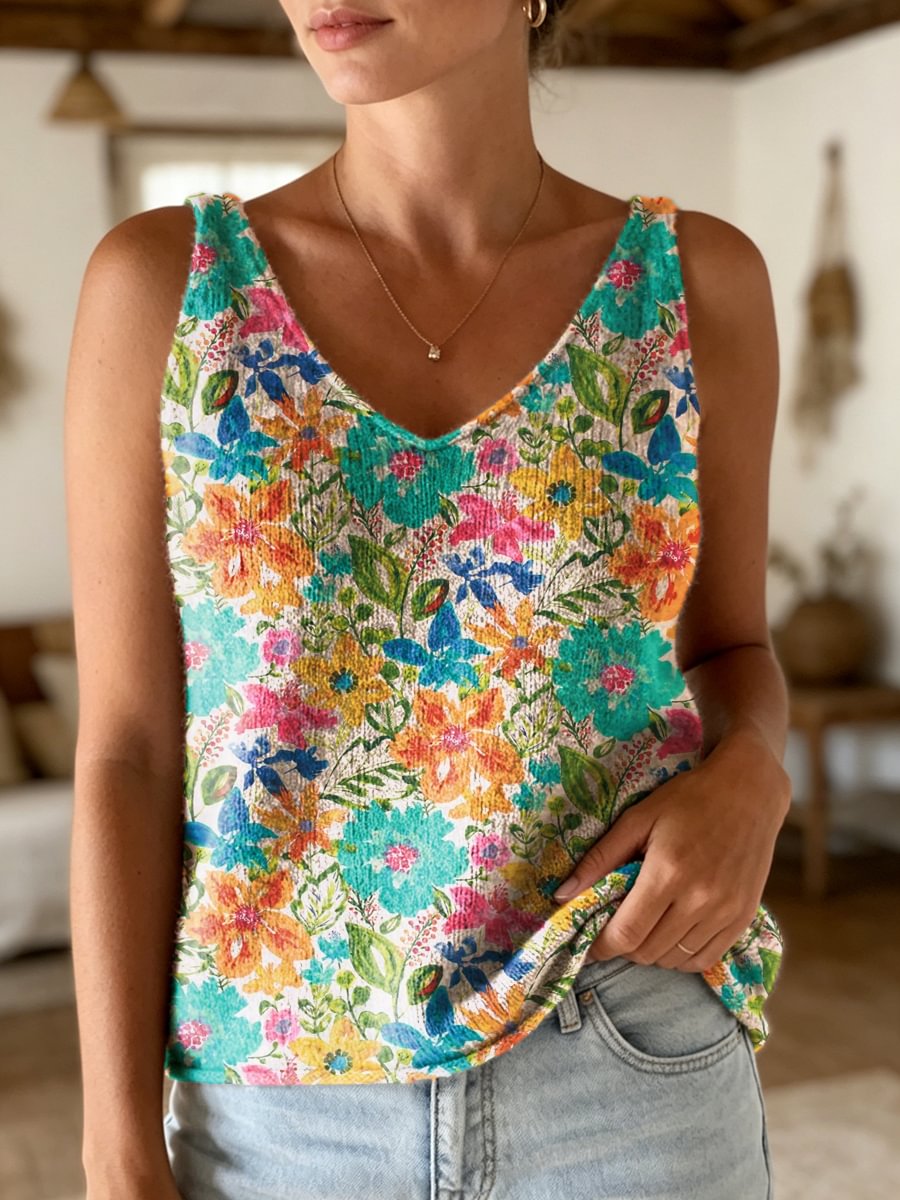 Women's Colorful Floral Art Print Casual Sleeveless V-neck Wool Blend Knit Top