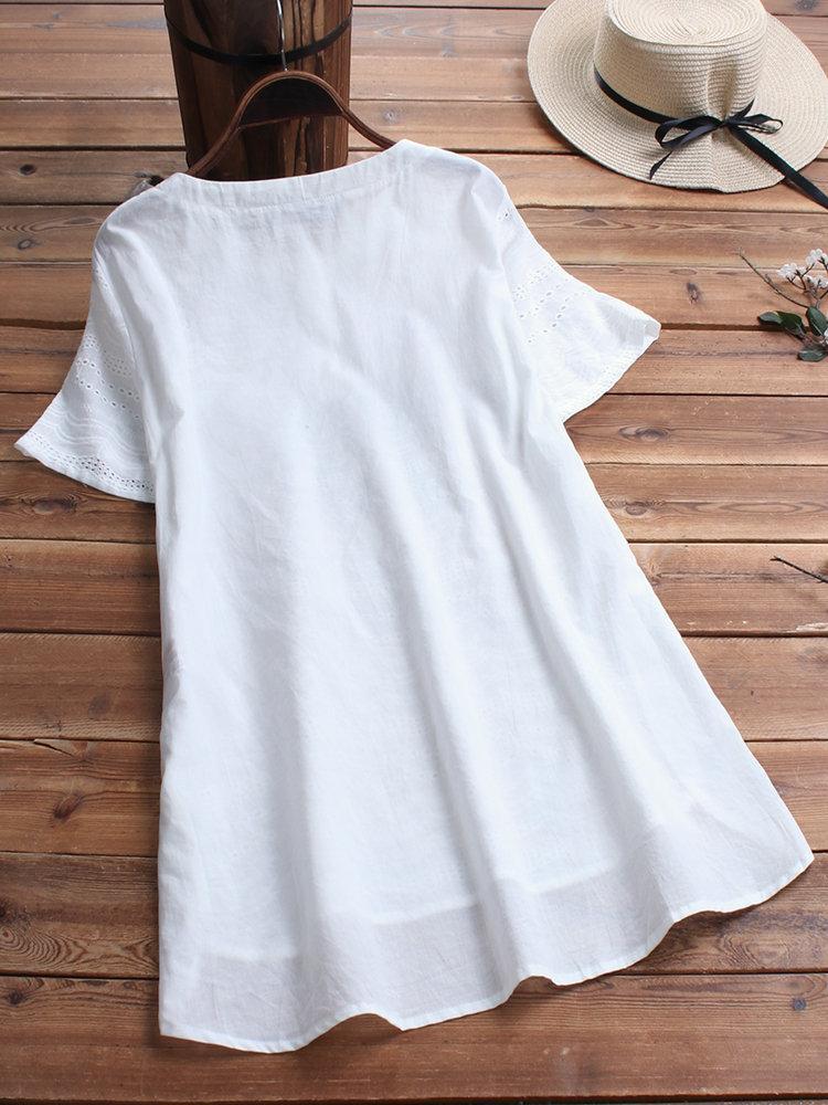 Comfysol Bohemian Embroideried Short Sleeve Button Casual Blouse