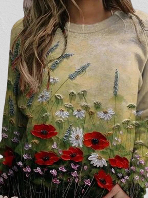Comfysol Red Casual Graphic Tops Round Neck Long Sleeve Floral Printed Sweatshirts