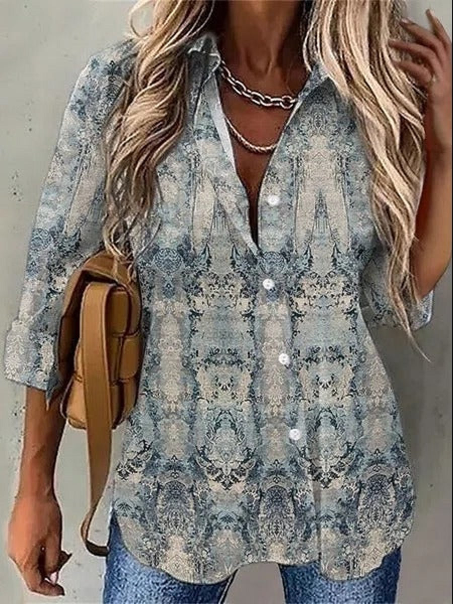 Comfysol Gray Casual V Neck Printed Long Sleeve Blouse