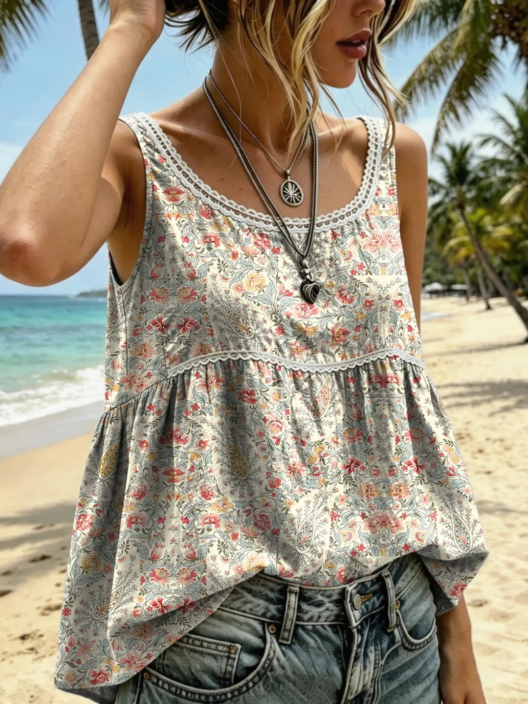 Women's Ethnic Floral-print Artistic Lace Crew-neck Tank Top
