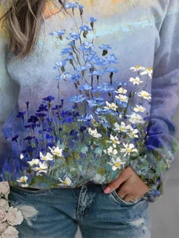 Comfysol Multicolor Casual Graphic Tops Round Neck Long Sleeve Floral Printed Sweatshirts