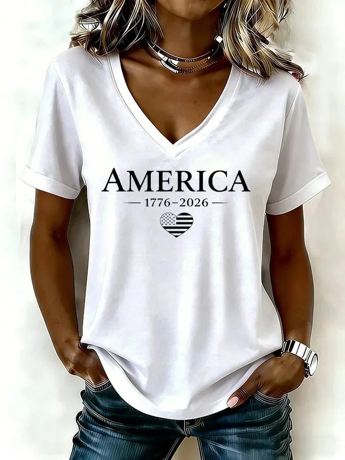 Women Letter Pattern Short Sleeve Tee T-shirt V Neck Elegant Summer Top