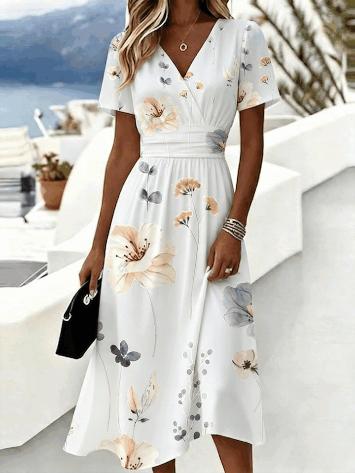 Women's Summer V-Neck Short Sleeve Printed Waist Cinched Dress