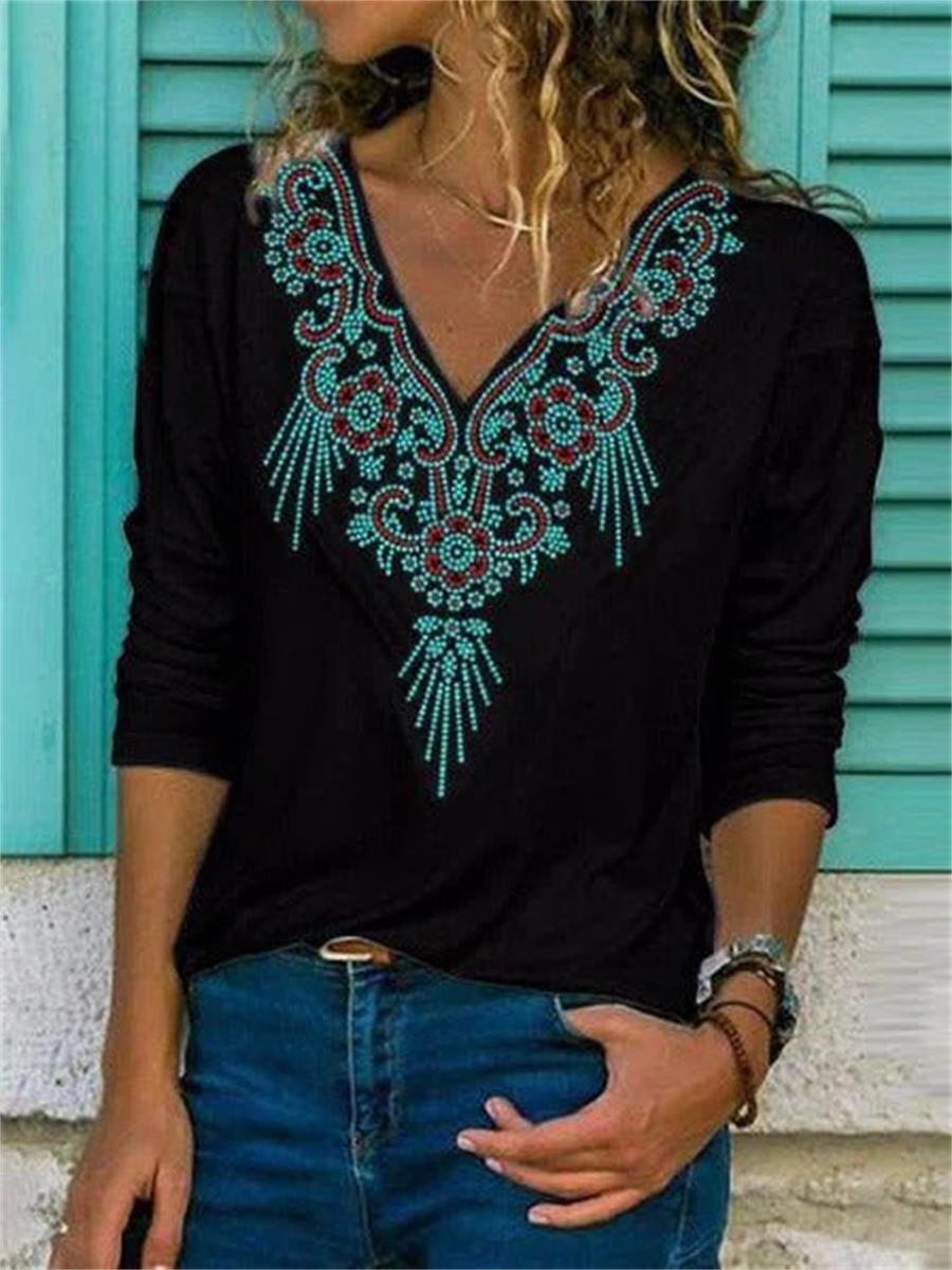 Comfysol Black Casual V Neck Printed Long Sleeve Blouse