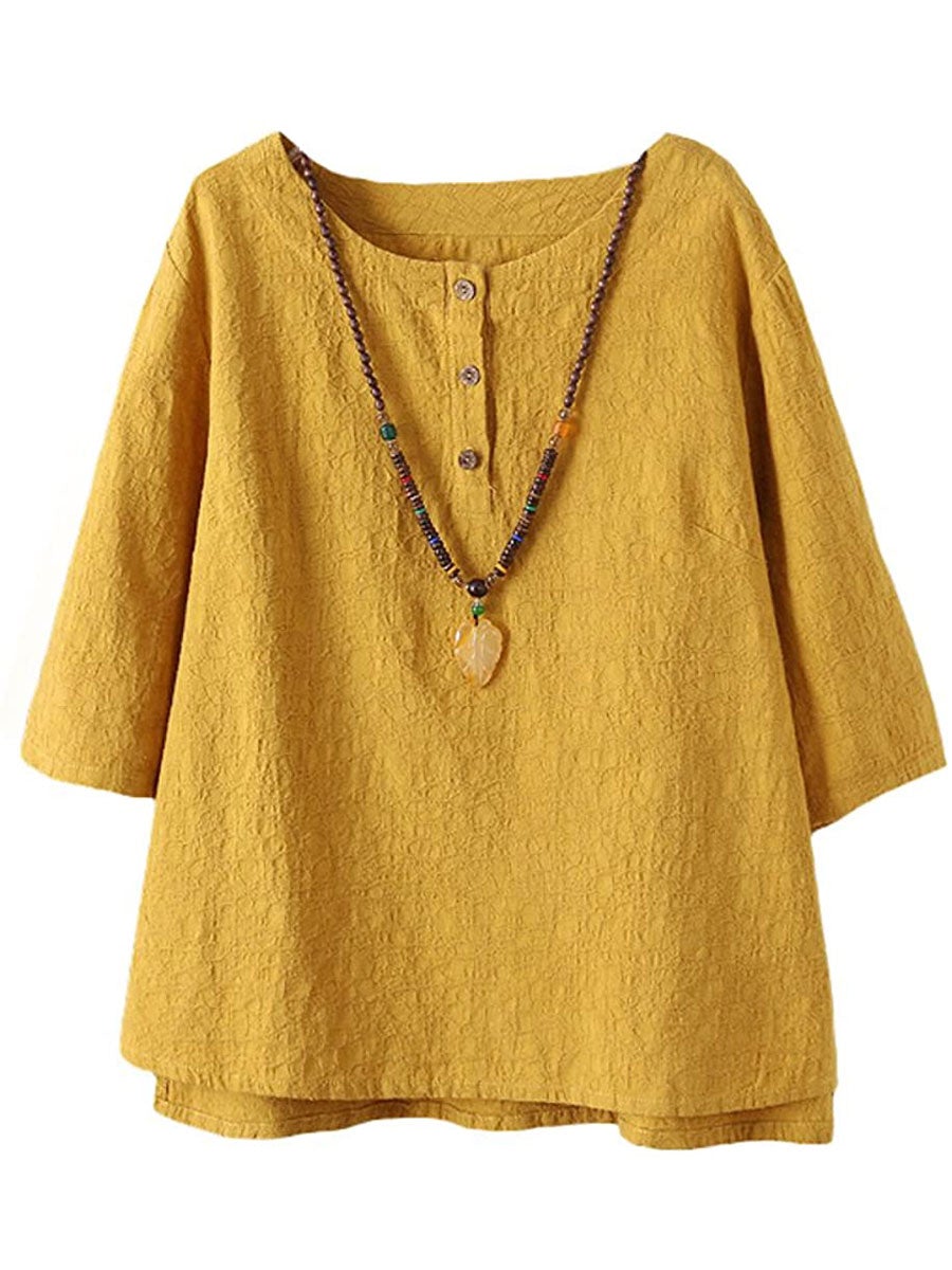 Comfysol Solid Buttons Casual Round Neck 3/4 Sleeve Blouse