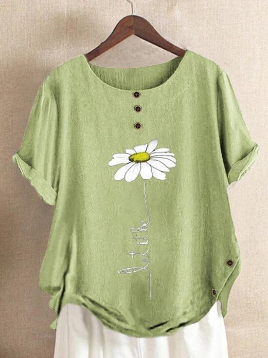 Comfysol Casual Floral Print Cotton Short Sleeve Blouse