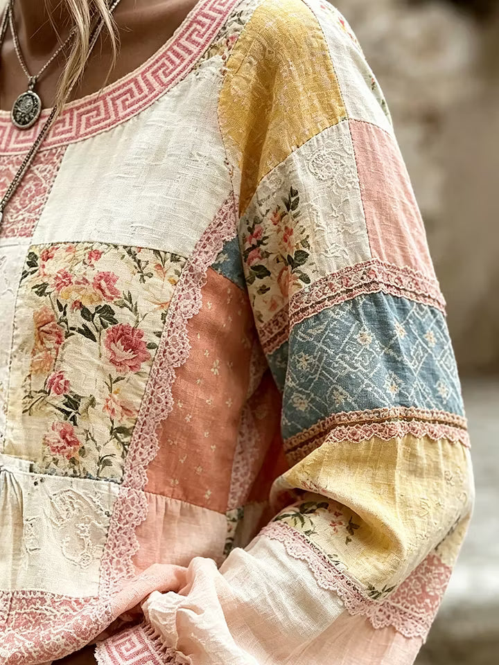 Women's Vintage Floral Patchwork Print Cotton Long Sleeve Top