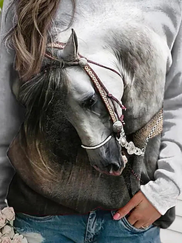 Comfysol Multi Casual Graphic Tops Round Neck Long Sleeve Horse Printed Sweatshirts