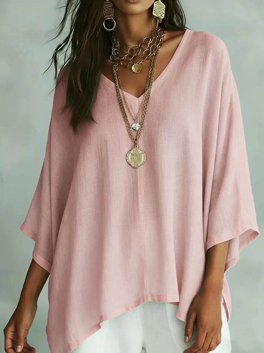 Flowy Solid V-Neck Irregular Hem Half Sleeve Top