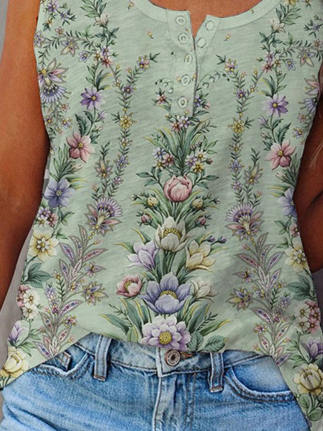 Comfysol Green Floral Printed Round Neck Sleeveless Tank Top