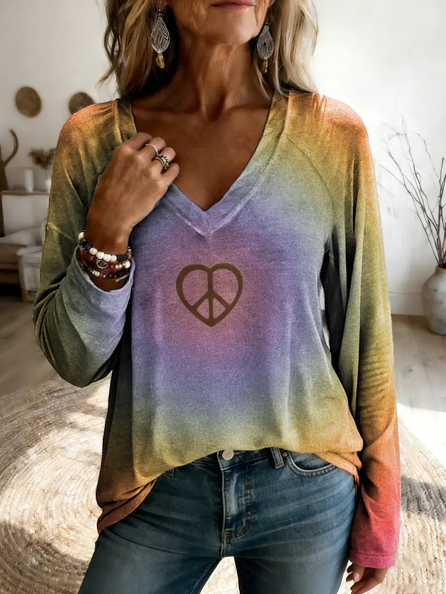 Hippie Love Tie Dye Women's Art Print V Neck Long Sleeve Tops
