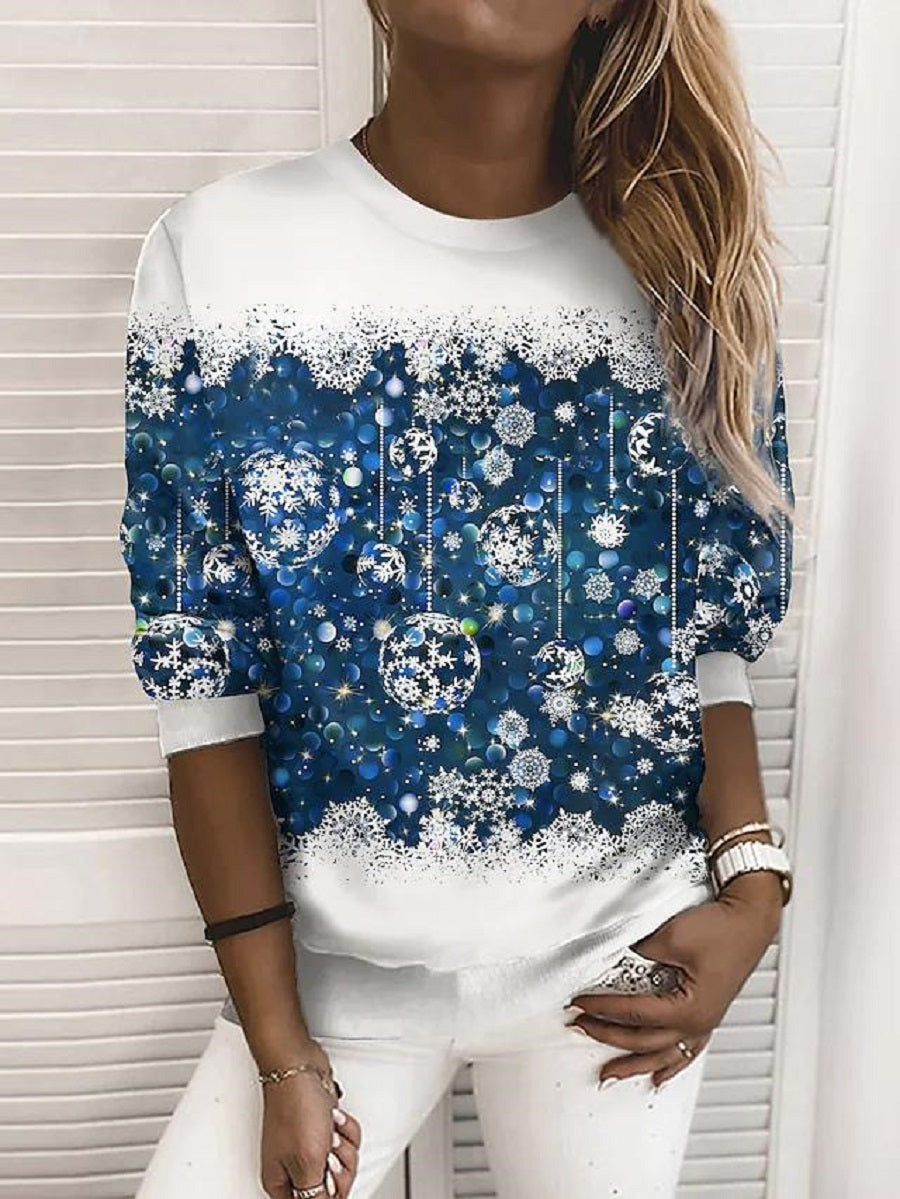 Comfysol Blue Casual Graphic Tops Round Neck Printed Long Sleeve Xmas Sweatshirts