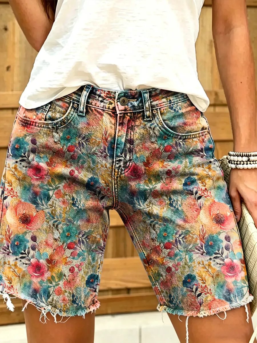 Ethnic-style colorful watercolor floral print women's art print casual denim shorts
