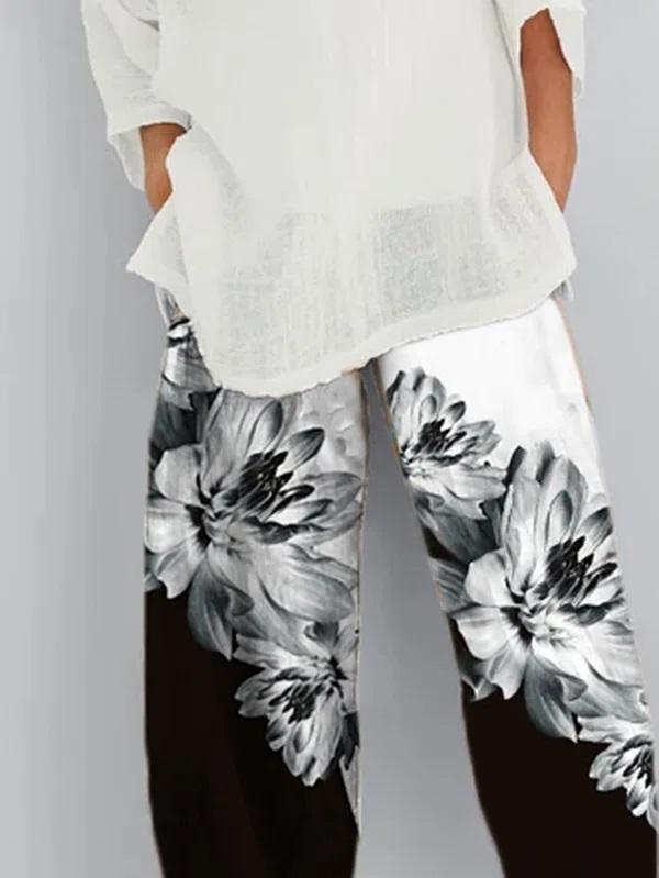 Comfysol Casual Floral Printed Pants with Pockets