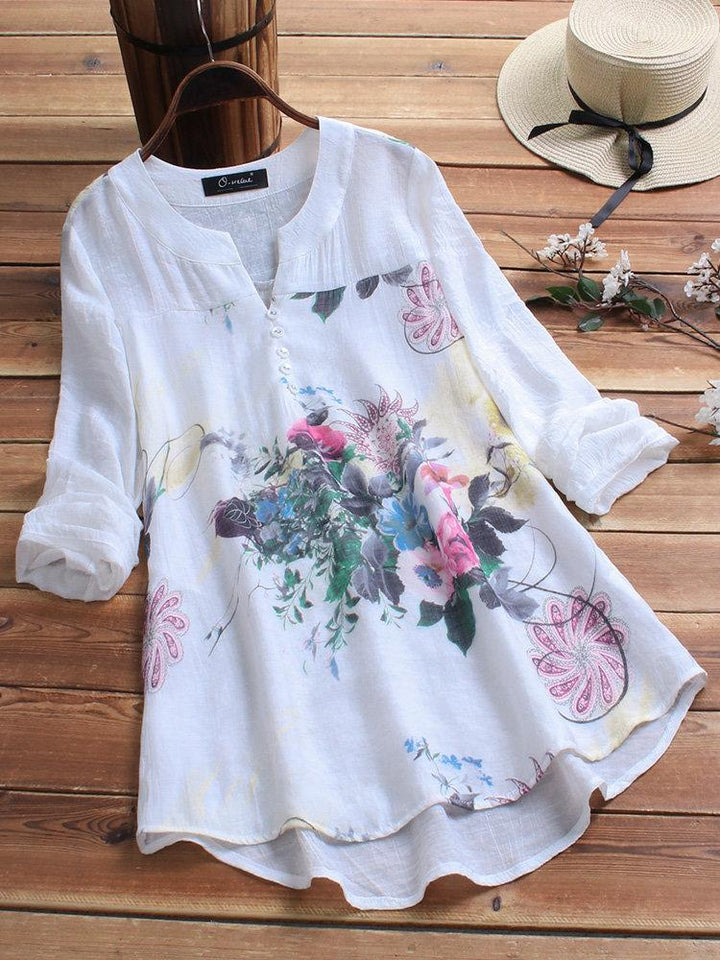Comfysol Casual V-neck Floral Print Long Sleeve Blouse