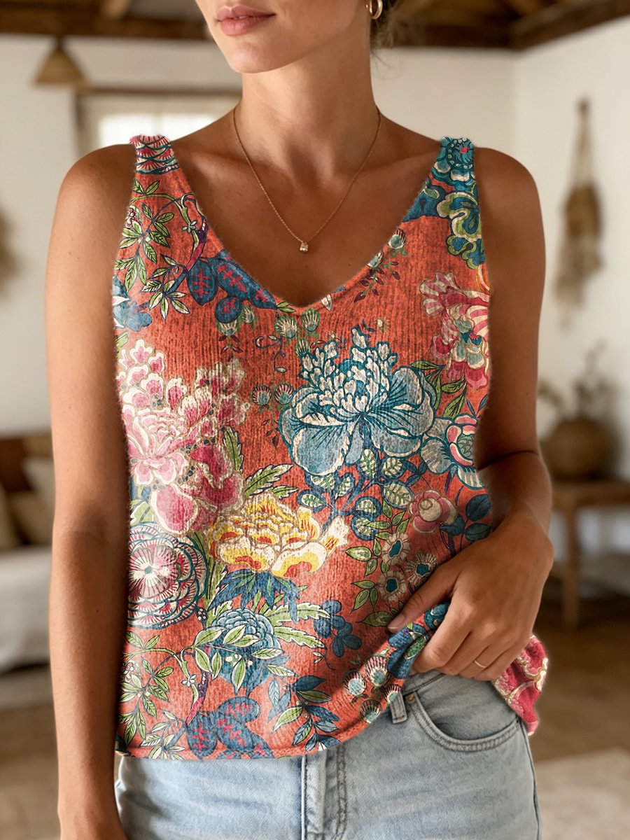 Women's Retro Ethnic Colorful Floral Art Print Casual Sleeveless V-neck Wool Blend Knit Top