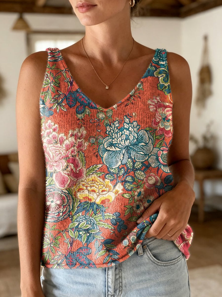 Women's Retro Ethnic Colorful Floral Art Print Casual Sleeveless V-neck Wool Blend Knit Top