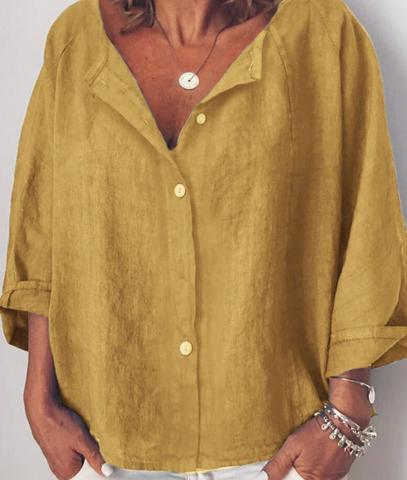 Comfysol Casual Solid V-neck Long Sleeve Buttoned Blouse
