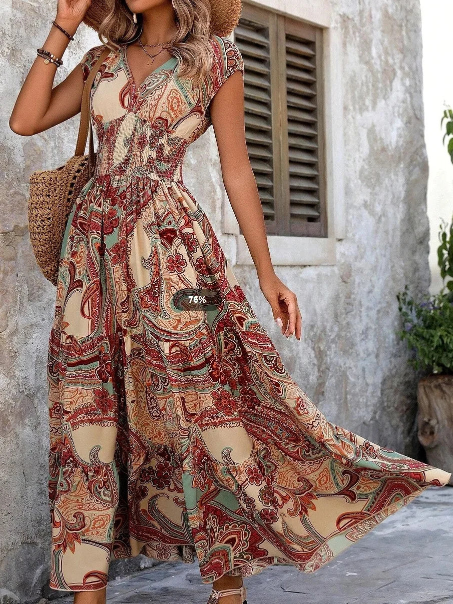 Women Geometric Short Sleeve V Neck Printing Dress Daily Vintage Maxi Fit & Flare Dress A-Line Summer Dress