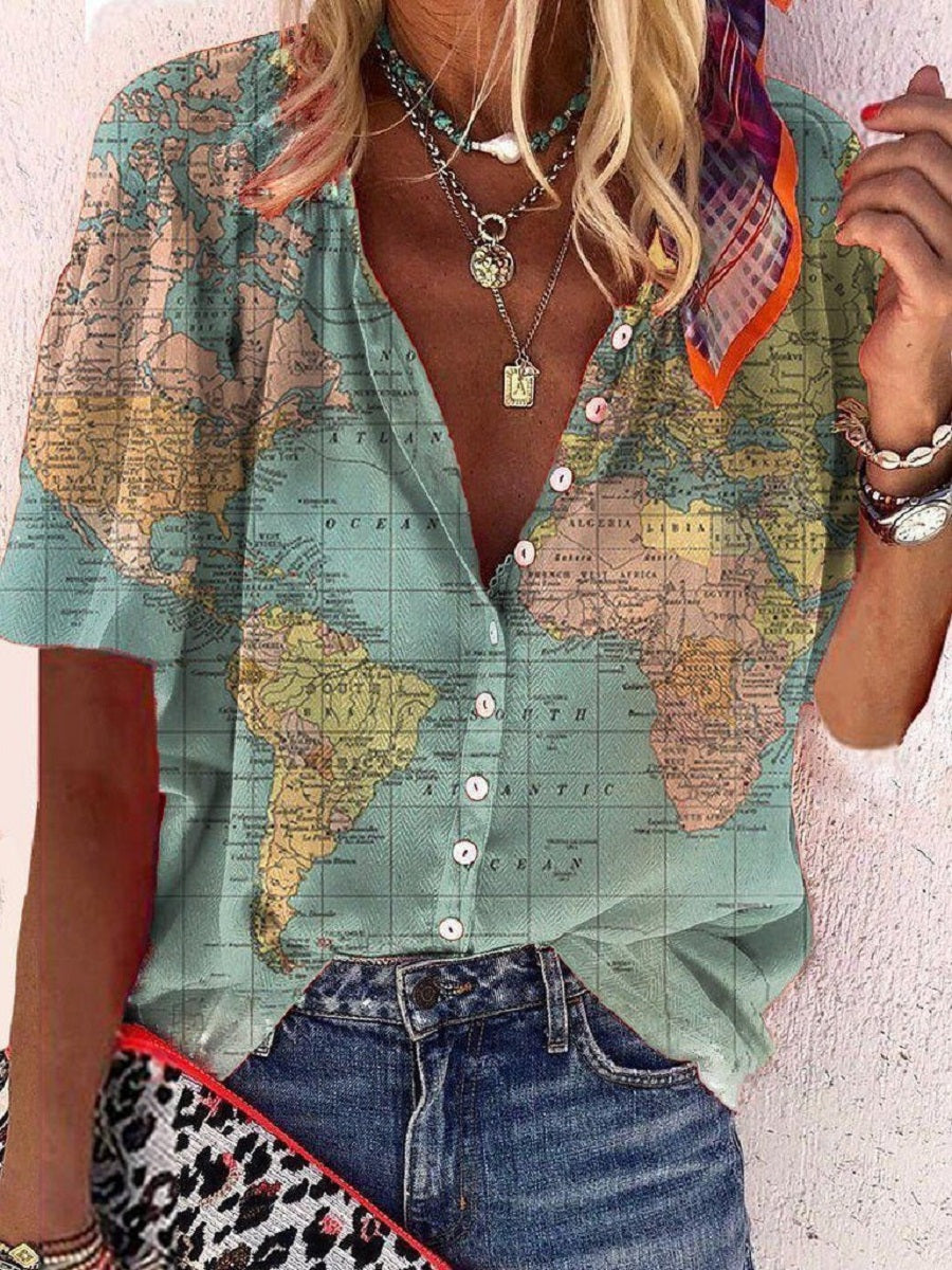 Comfysol Green Casual V Neck Printed Short Sleeve Blouse