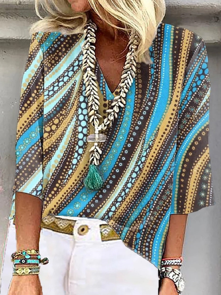 Comfysol Blue Casual V Neck Stripe Printed 3/4 Sleeve Blouse