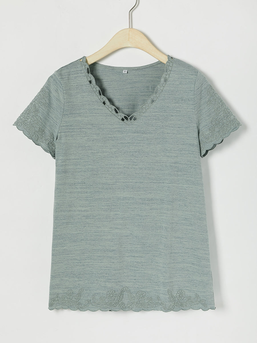 Comfysol Casual Solid Embroidery V-neck Short Sleeve T-shirt