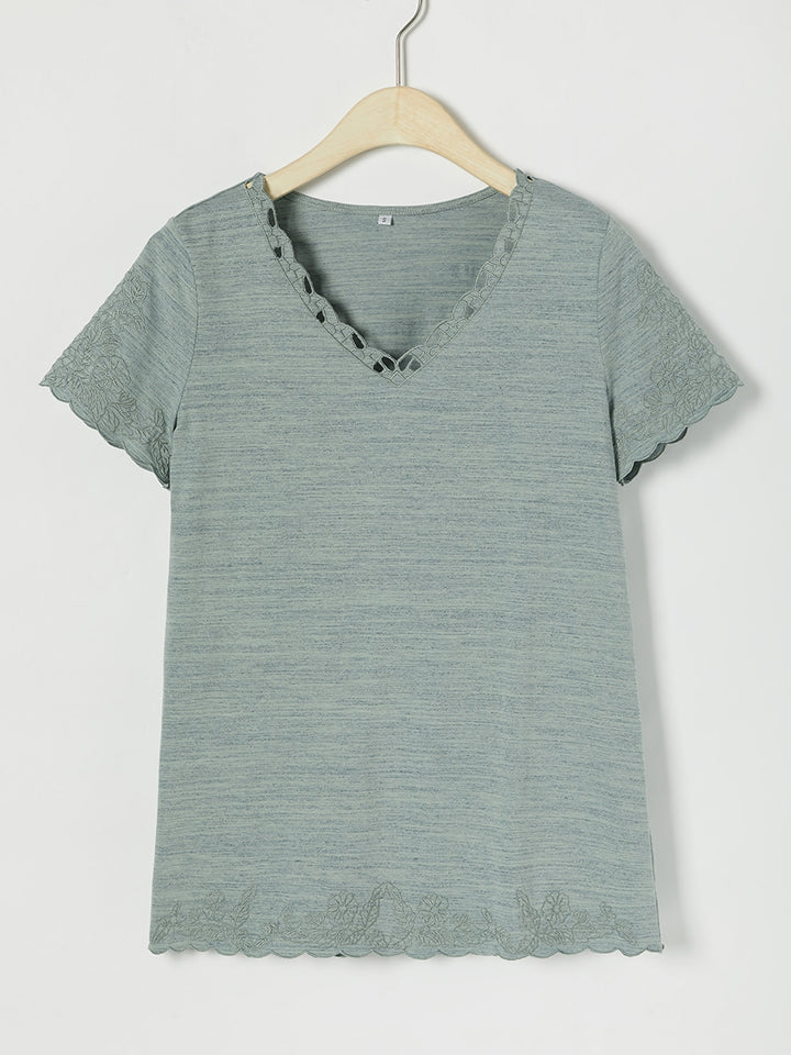 Comfysol Casual Solid Embroidery V-neck Short Sleeve T-shirt