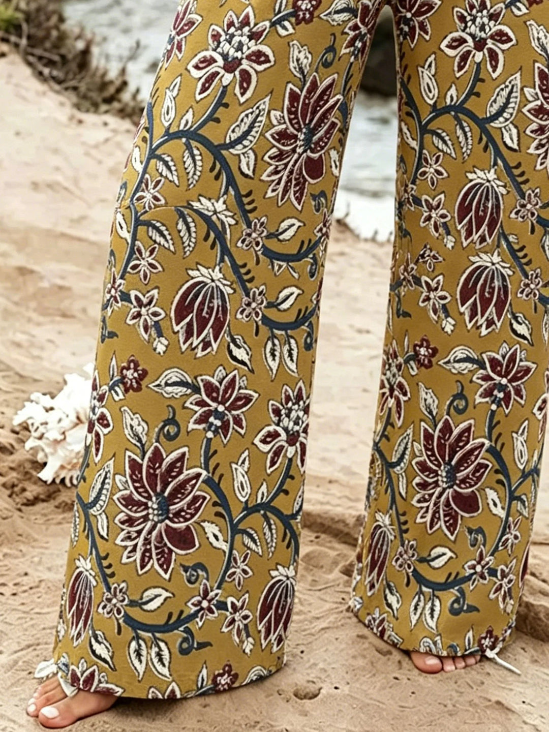 Vintage Botanical Print Drawstring Waist Trousers