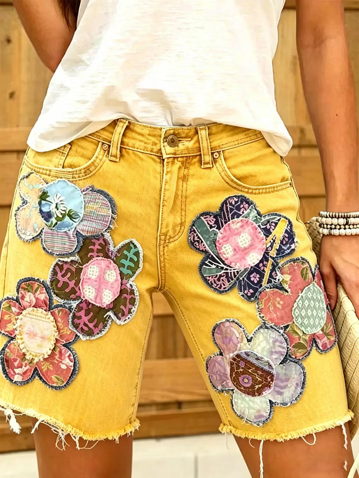 Women Ethnic Floral Print Denim Shorts