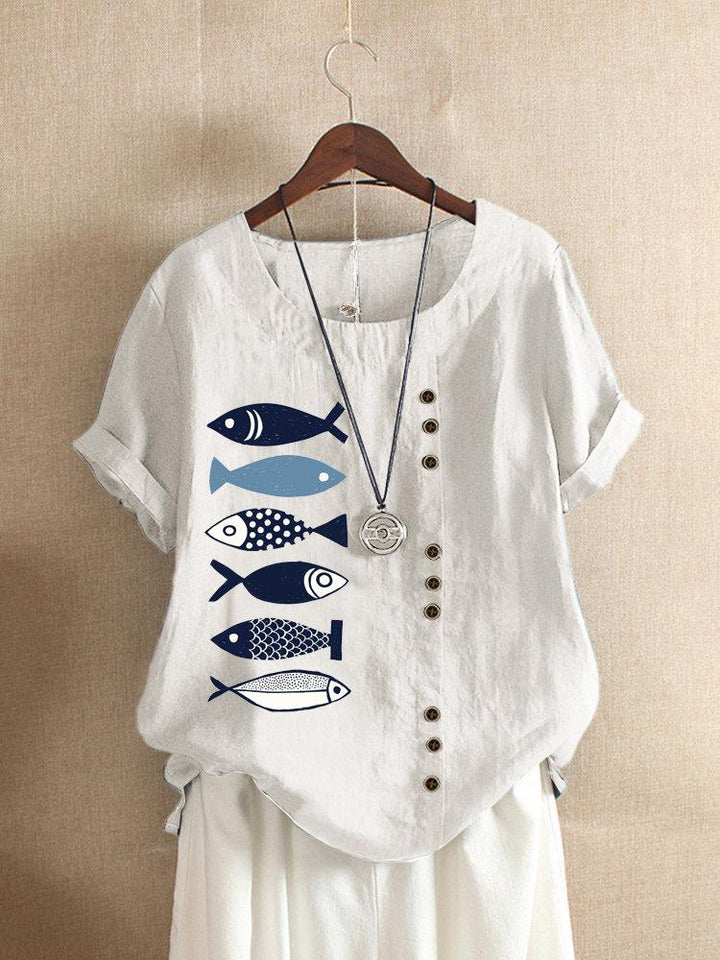 Comfysol Button Cartoon Fish Print Short Sleeve Casual Blouse