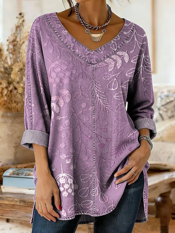 Women's Floral Art Print Casual Washed Denim Cotton Top