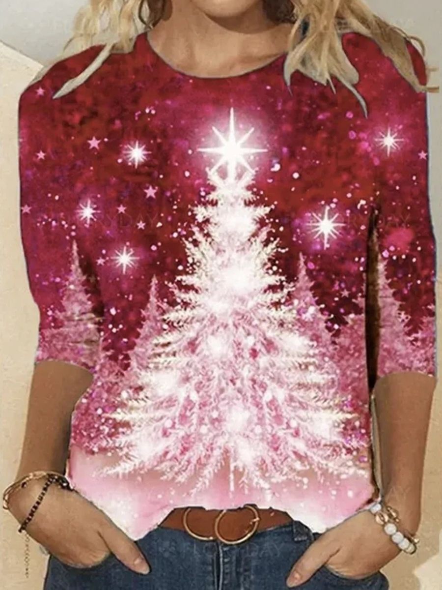 Comfysol Red Casual Graphic Tops Round Neck Christmas Tree Printed Long Sleeve Xmas Sweatshirts