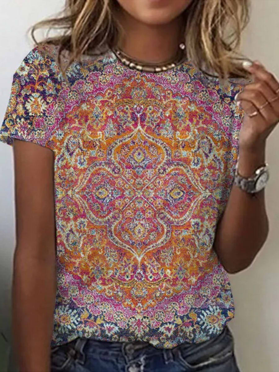 Comfysol Multicolor Casual Round Neck Floral Printed Short Sleeve Blouse