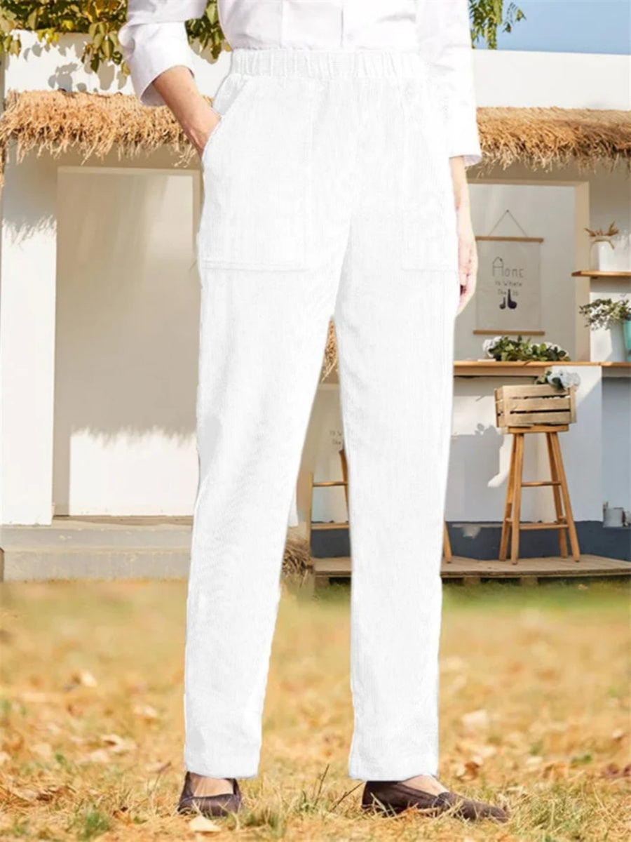 Comfysol Women's Solid Color Elastic Waist Casual Corduroy Straight Leg Pants