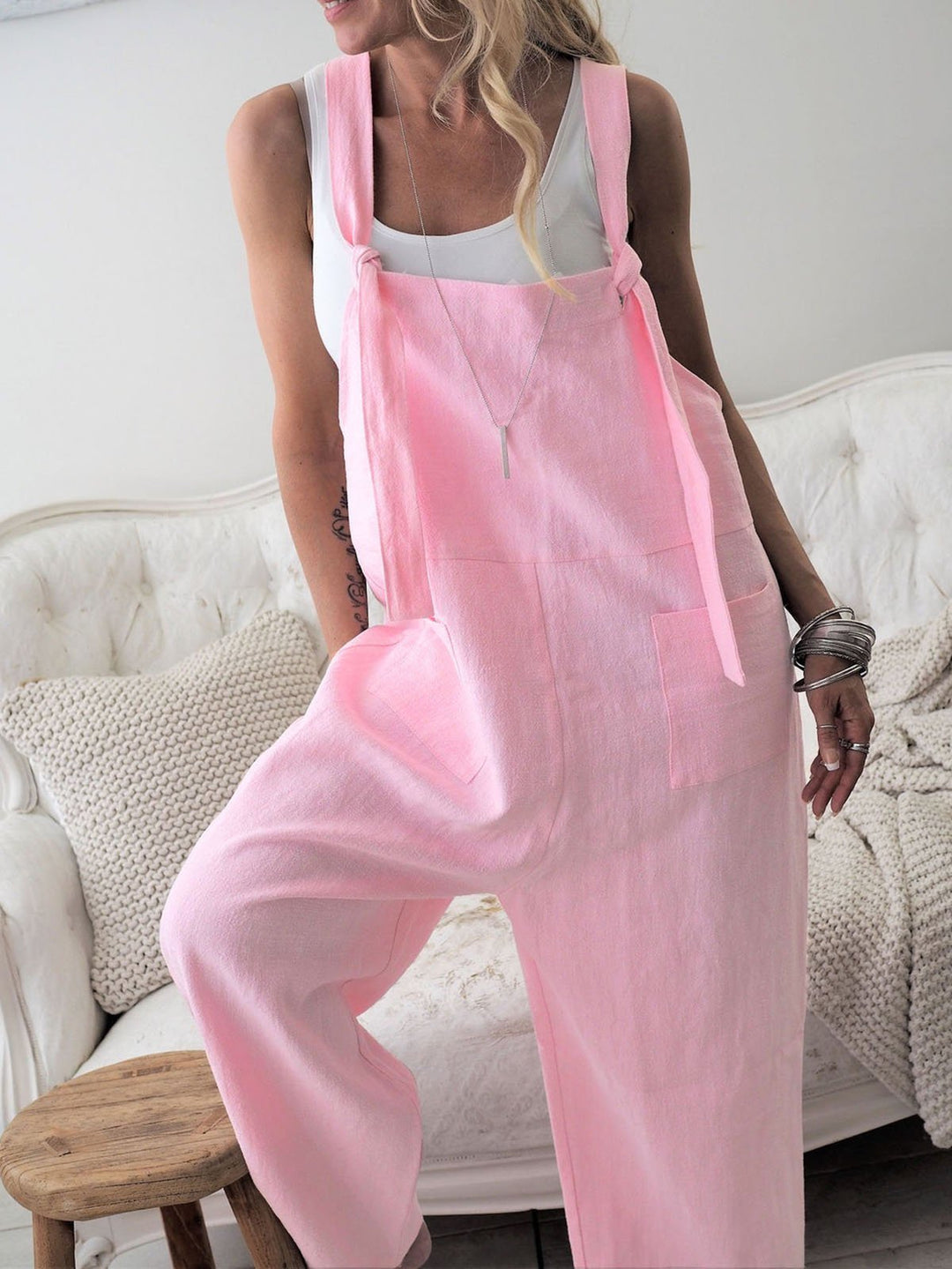 Comfysol Retro Casual Loose Cotton Linen Wide Leg Jumpsuit
