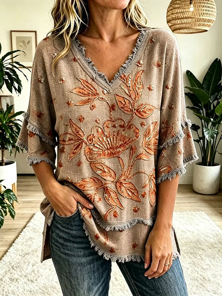 Women's Vintage Folk Floral Art Print V-Neck Tasseled Cotton Top