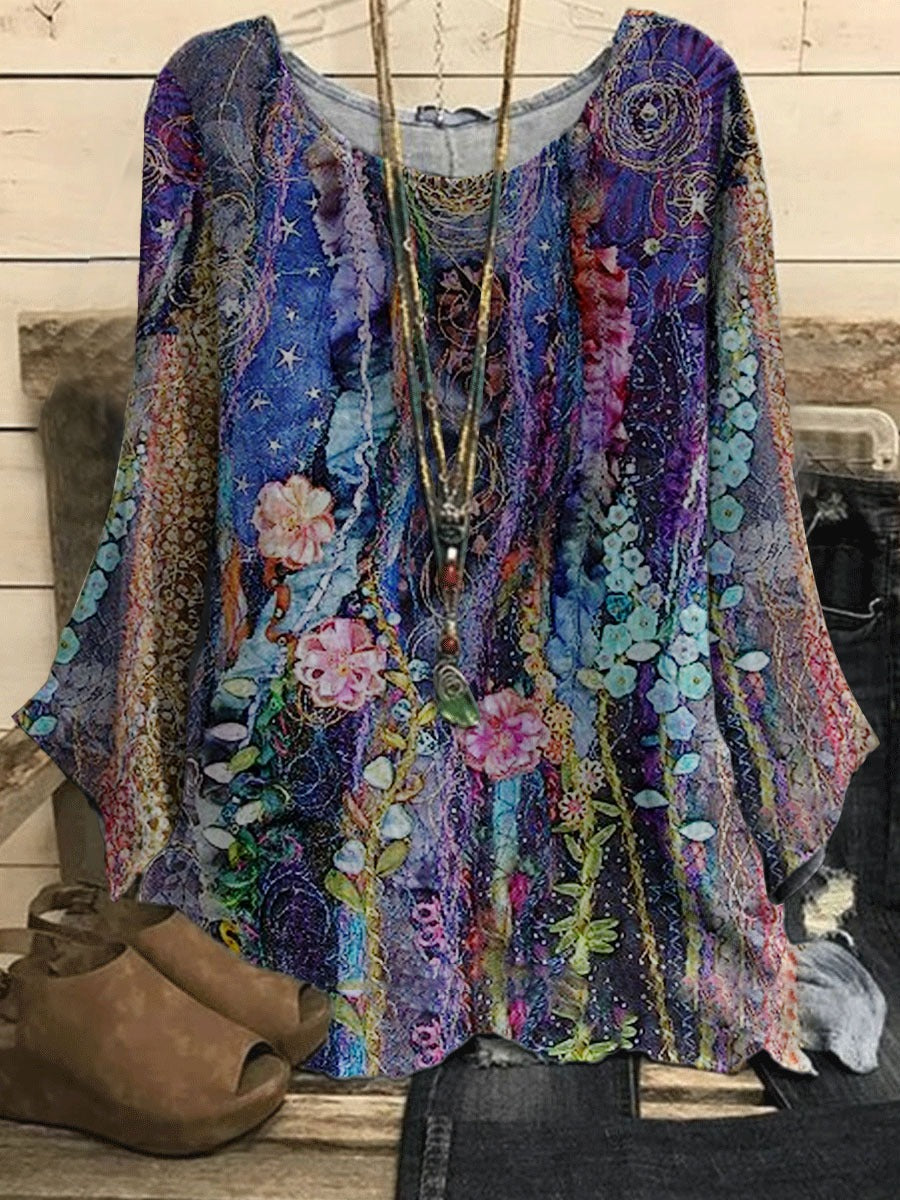 Comfysol Blue Casual Round Neck Floral Printed Long Sleeve Blouse