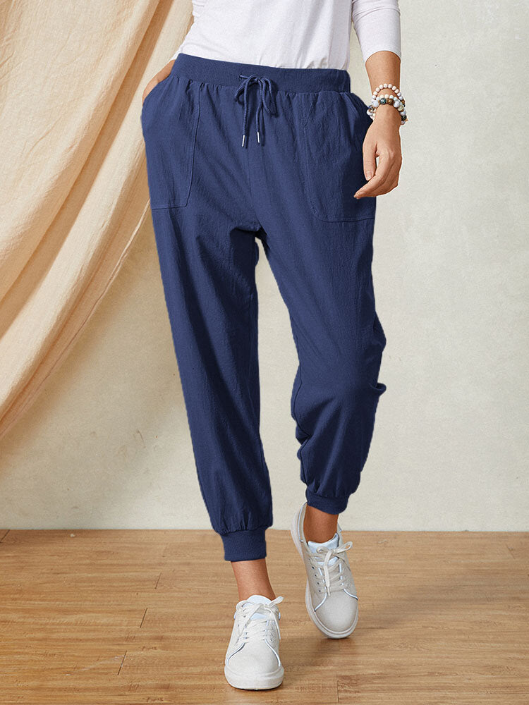 Comfysol Navy Solid Sashes Casual Pants