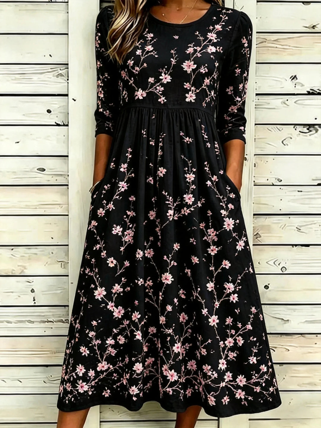 Floral Print Crew Neck A-Line Midi Dress with Pockets