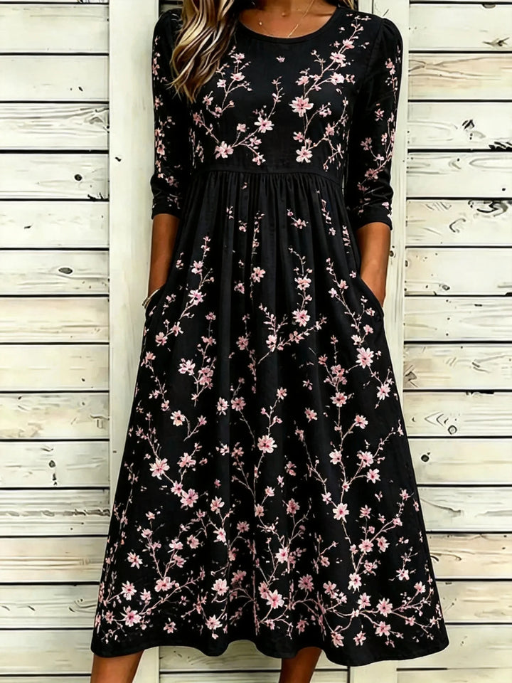 Floral Print Crew Neck A-Line Midi Dress with Pockets