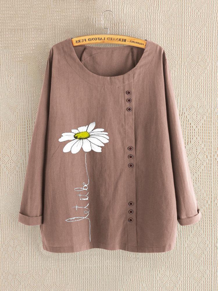 Comfysol Casual Print Daisy Button Long Sleeve Blouse