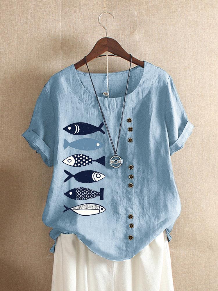 Comfysol Button Cartoon Fish Print Short Sleeve Casual Blouse